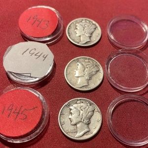 Mercury Dimes - Lot of (3),1943-1944-1945- 90% Silver Mercury Dimes